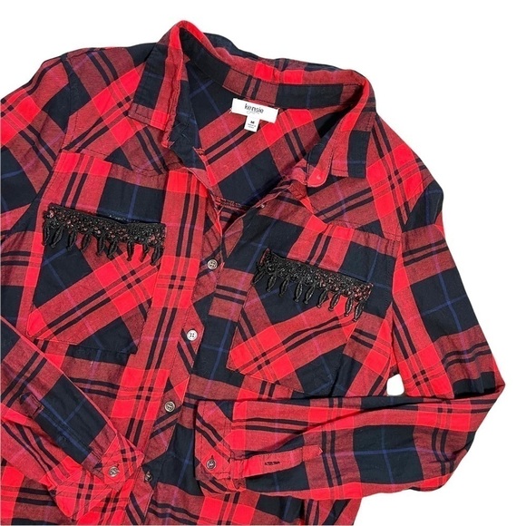 Kenzie Jeans Red and Black Button Crochet Double Breasted Pocket Blouse M - Picture 4 of 15